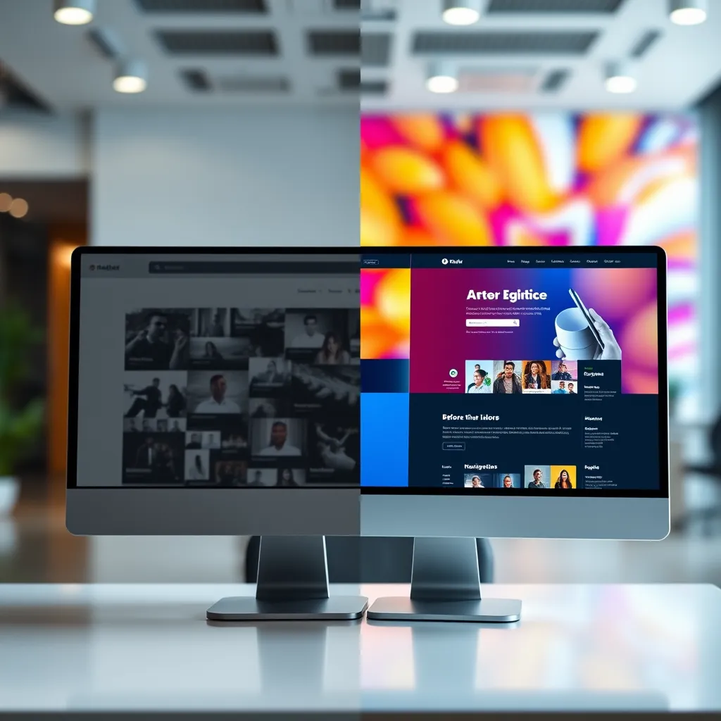 A dynamic, high-contrast image showcasing a before-and-after website transformation. On the left, a dull, outdated website with pixelated images and cluttered layout. On the right, a sleek, modern website with high-quality visuals, intuitive navigation, and a clear call to action. The scene is set in a modern office with soft, diffused lighting, emphasizing the contrast between the two websites. The background is a blur of vibrant, energetic colors symbolizing the potential of a new website. Capture the image in a close-up perspective, focusing on the website interface and user experience. Style reference:  'Clean and modern UI design' for a professional, user-friendly aesthetic. Technical specifications: 8K resolution, hyperrealistic, ultra-detailed.