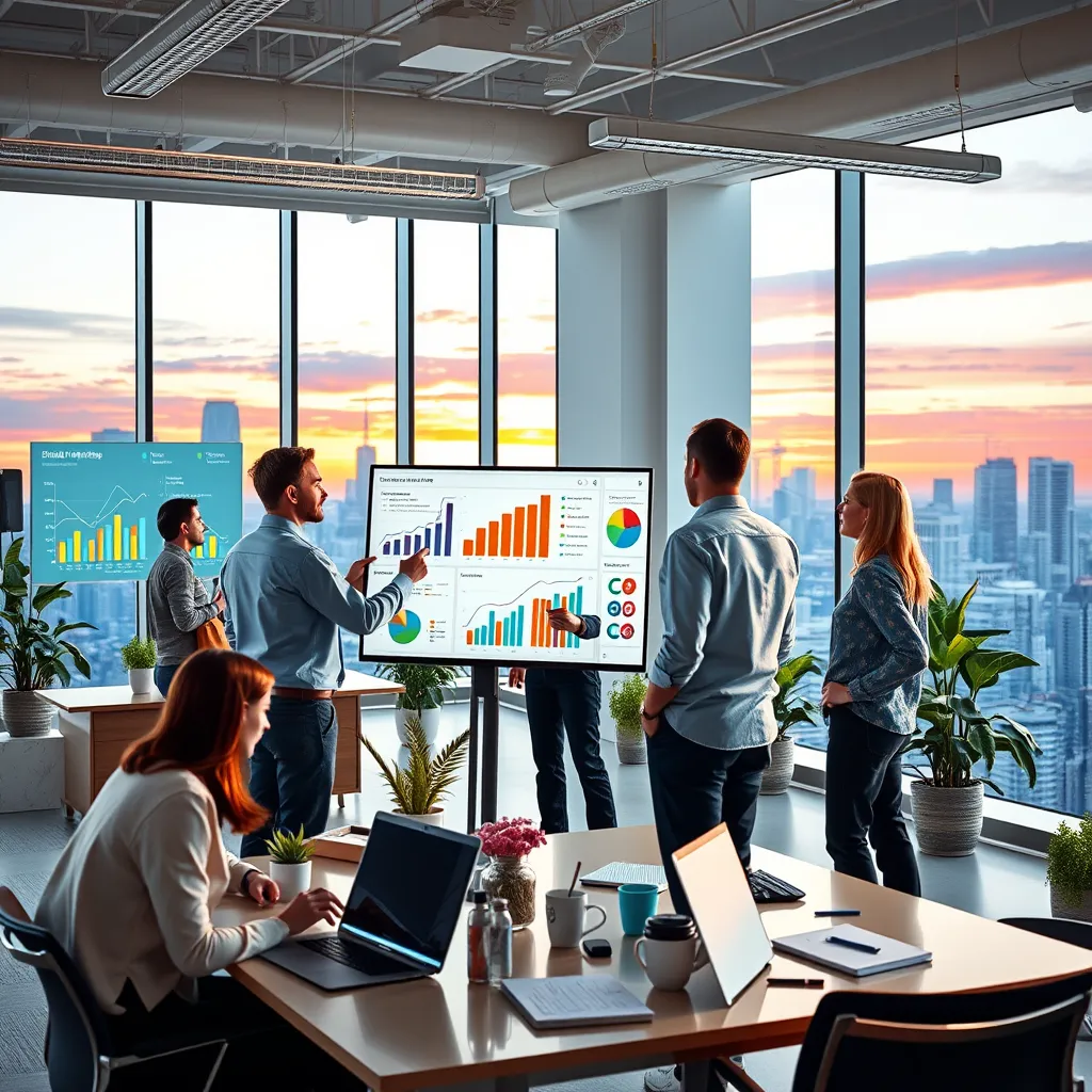 A dynamic image depicting a team of digital marketing experts collaborating in a modern, open-plan office space. The scene is filled with colorful graphs, data visualizations, and digital marketing tools. One expert is presenting a strategic plan on a large touchscreen display while others are actively engaged in discussions and brainstorming ideas. The lighting is natural and bright, symbolizing clarity and transparency. The background features a city skyline with a vibrant, digital sunset reflecting the dynamism of the digital marketing world. The image is captured from a slightly elevated angle, showcasing the collaborative and strategic nature of the team. Style reference: 'Modern office workspace' for a professional, dynamic aesthetic. Technical specifications: 8K resolution, hyperrealistic, ultra-detailed.