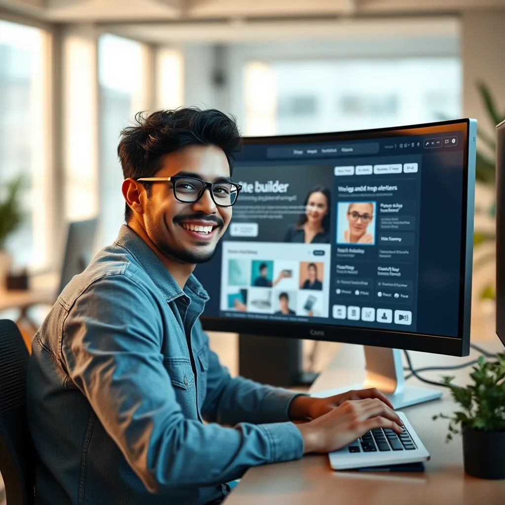 A freelancer sitting at their computer, smiling, with a website builder interface on the screen, showing simple drag-and-drop elements and easy customization options. The background should be a modern office space with natural light.
