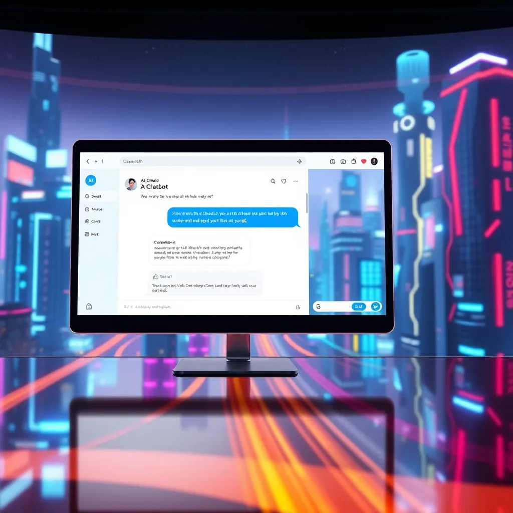 A futuristic scene featuring a website with a chat window displaying a conversation between a customer and an AI chatbot. The background should be a cityscape with futuristic buildings and vibrant colors, highlighting the innovative and impactful nature of AI.