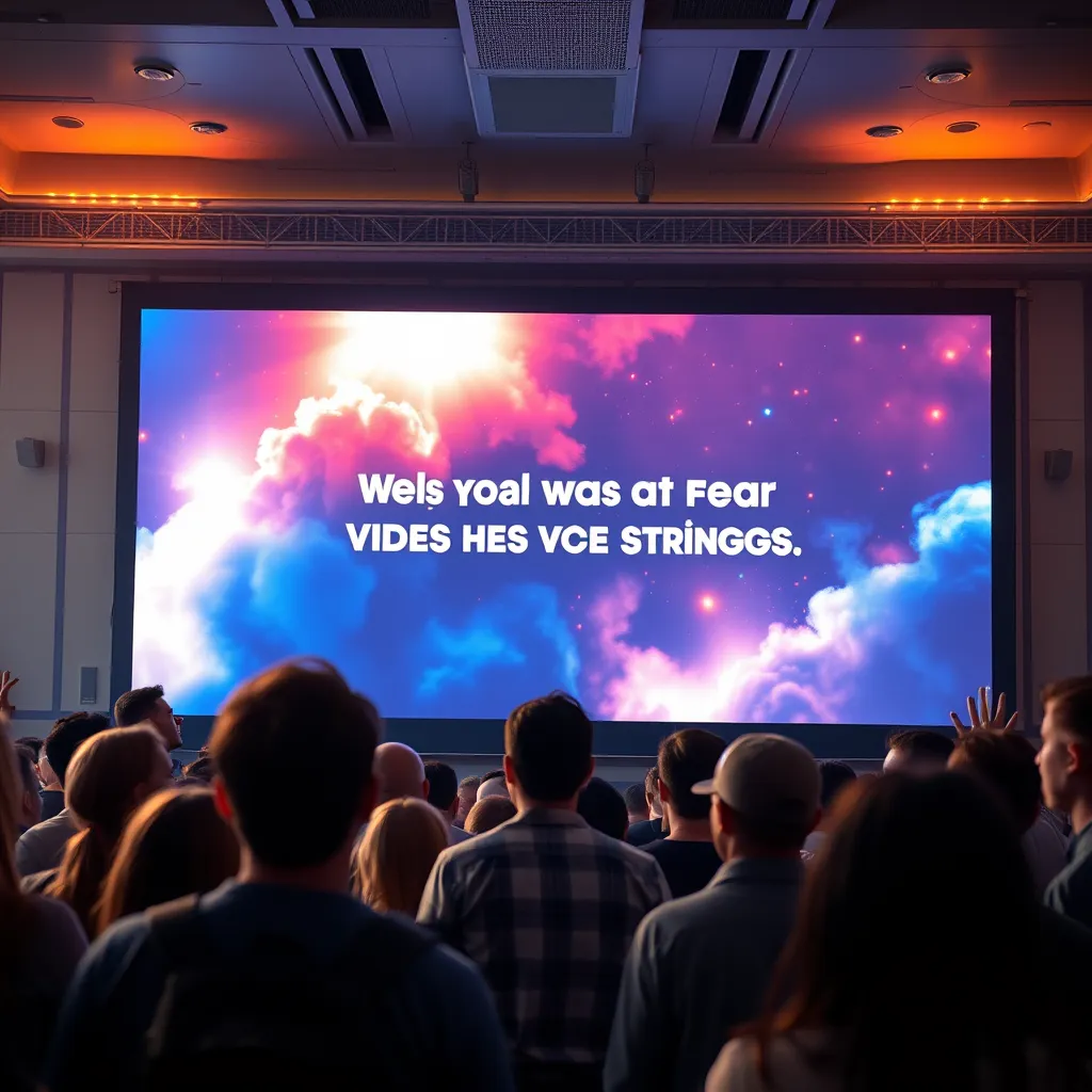 A large screen displaying a dynamic and engaging video with a powerful message. The video is being watched by a diverse group of people, all captivated by its visuals and content.  The atmosphere is one of excitement, inspiration, and engagement.