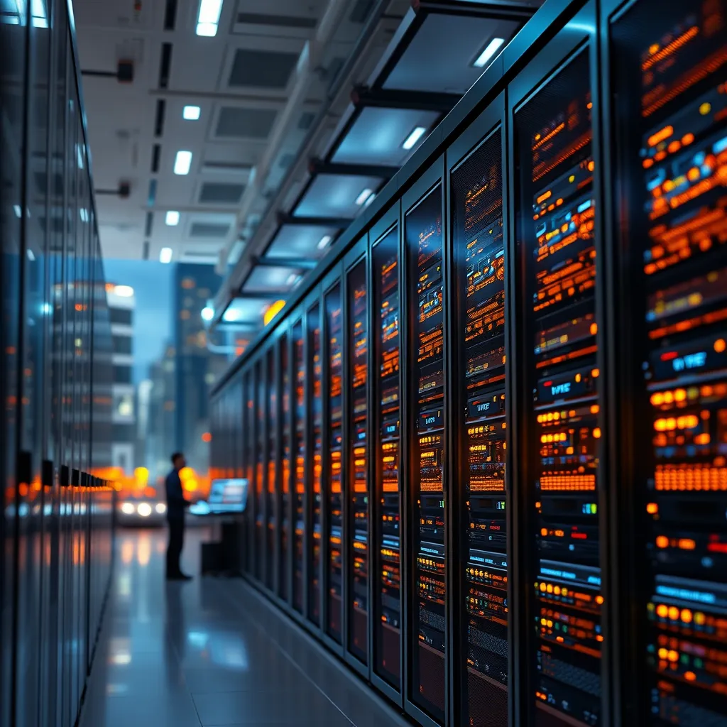 A modern, sleek data center with servers humming, glowing lights, and technicians monitoring screens. The background is a blurred city skyline at night, emphasizing the power and reliability of the hosting.
