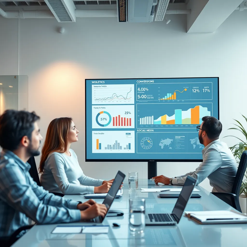 A modern office workspace with a team of professionals analyzing data on a large screen. The data should be displayed in a clear and engaging infographic format, highlighting key metrics such as website traffic, conversions, and social media engagement. The image should convey a sense of collaboration and expertise.