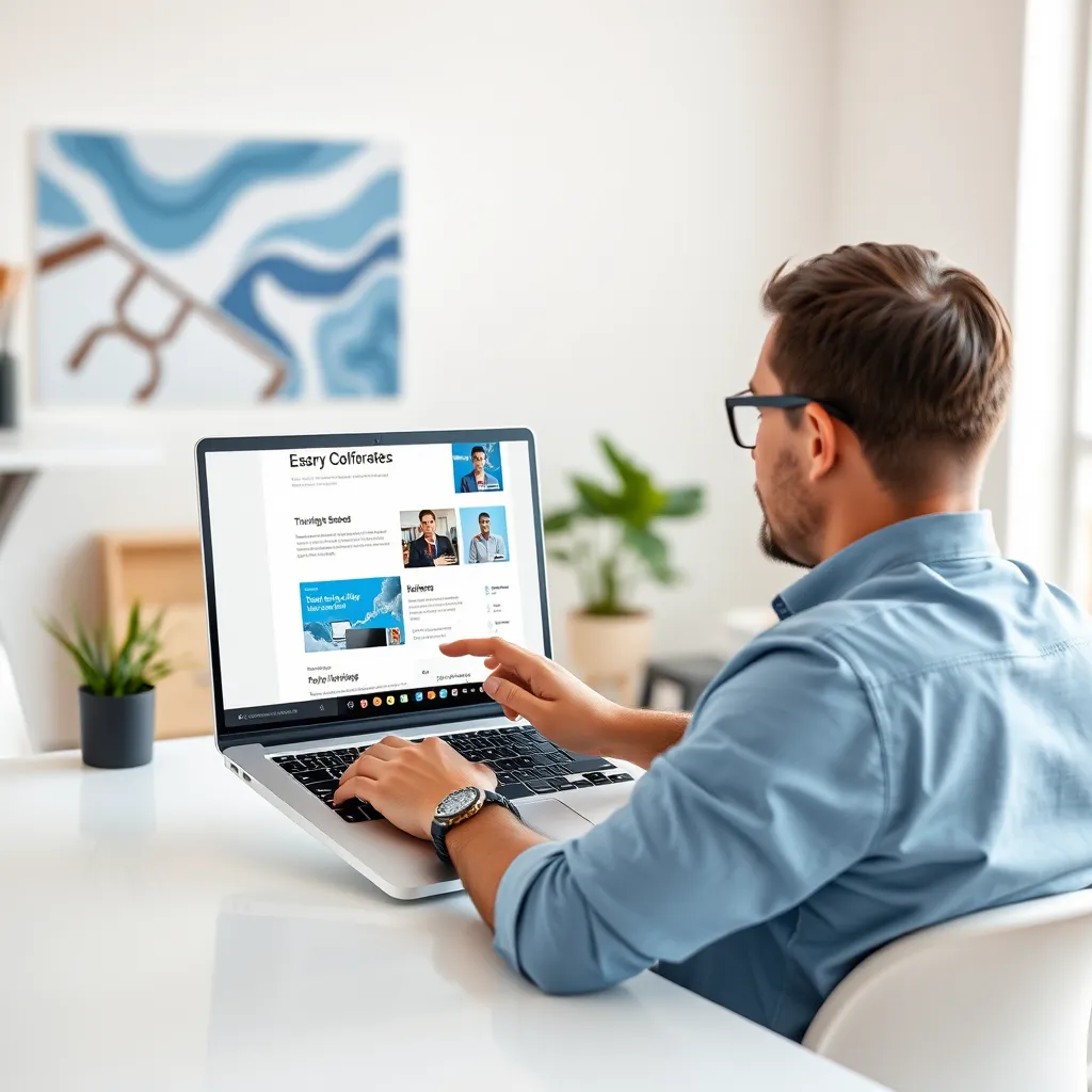 A person interacting with a website on a laptop, navigating through various pages seamlessly. The website design should be clean, organized, and user-friendly, showcasing intuitive menus, clear call-to-actions, and engaging visuals. The background should be a bright and airy workspace, emphasizing productivity and efficiency.