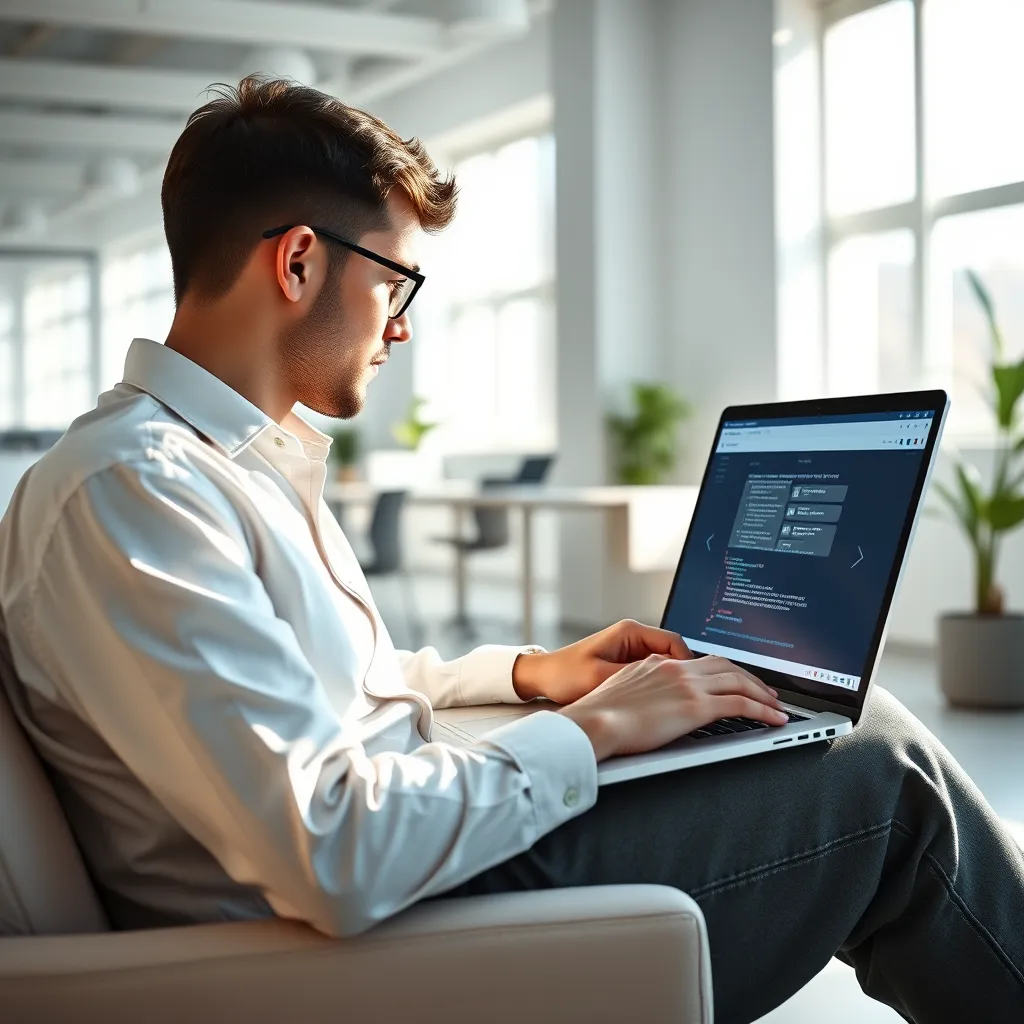 A person sitting at a laptop, comfortably working on a website builder, with code snippets and a preview of a website displayed on the screen. The background is a modern, minimalistic office with natural light streaming in, emphasizing control and freedom.