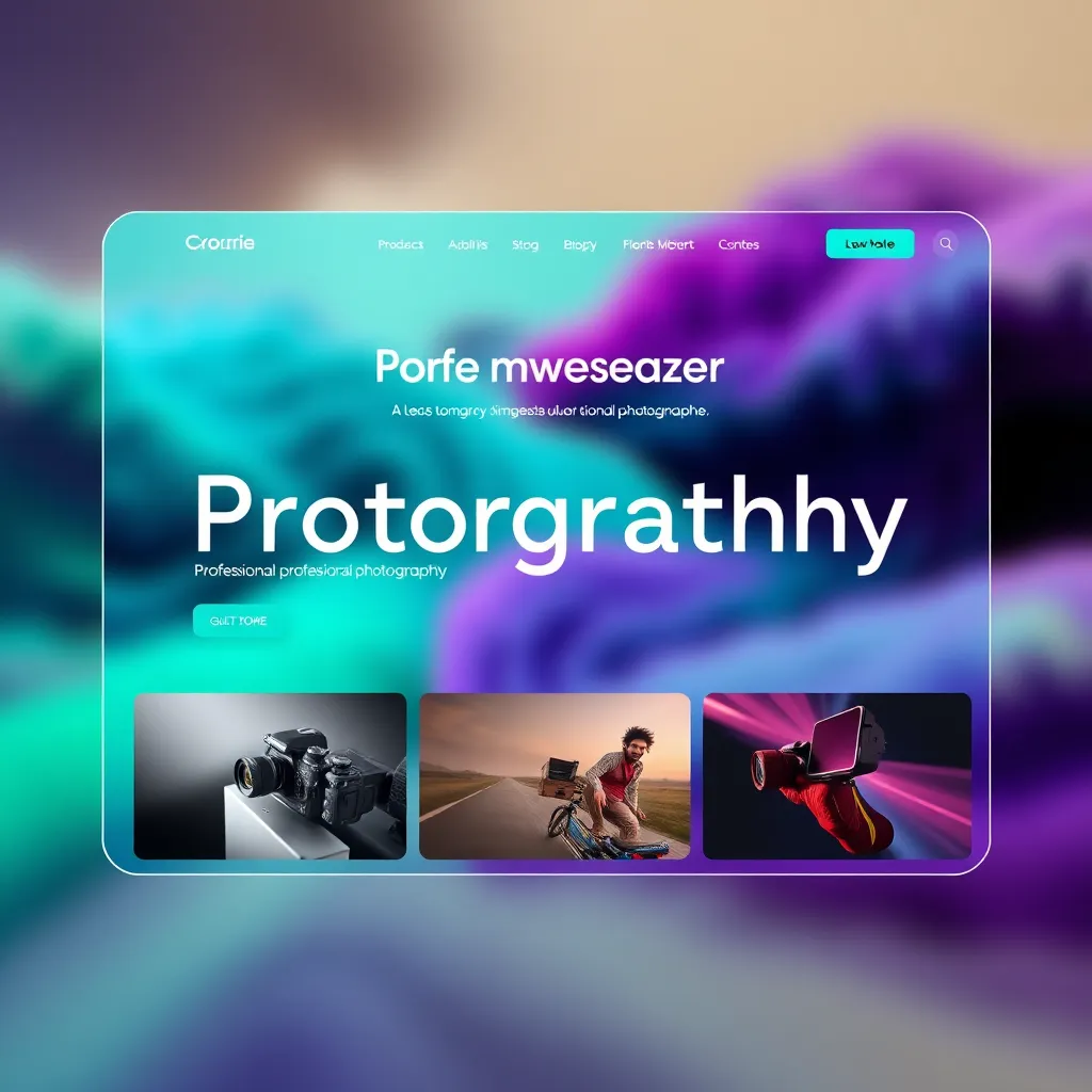 A sleek, modern website design featuring a vibrant color palette, showcasing a professional photographer's portfolio with high-quality images and a user-friendly interface. The background should be blurred, with a focus on the website content and a subtle gradient effect.