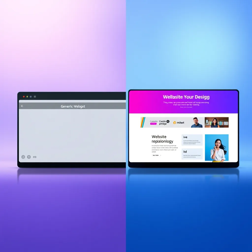 A split-screen image showing two websites. On the left, a generic and outdated website with a dull design. On the right, a modern and engaging website with unique design elements that are specific to a particular niche, such as fashion, technology, or healthcare. The background is a soft gradient of blue and purple, symbolizing creativity and innovation.
