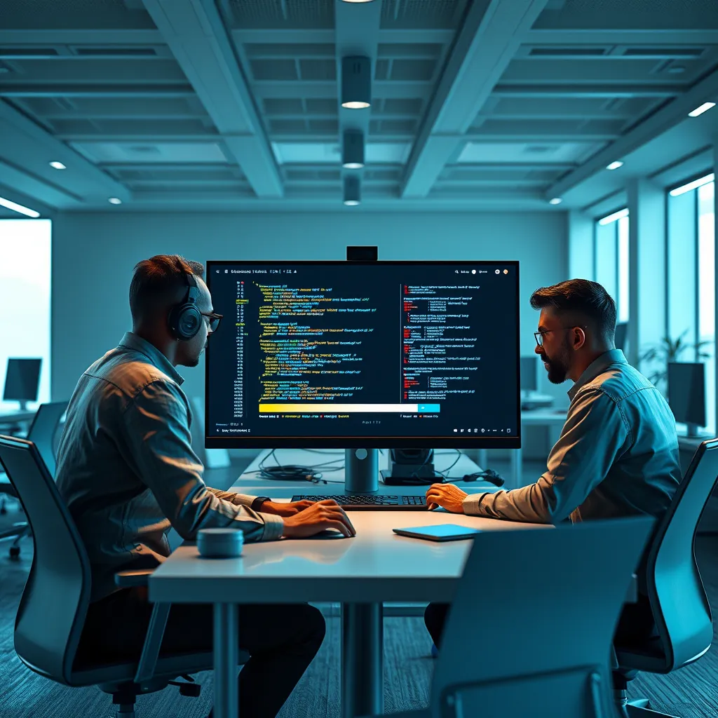 A team of developers working collaboratively on a website design, with code appearing on screens and a progress bar indicating rapid completion. The background should be a modern office setting with sleek furniture and a minimalist aesthetic.